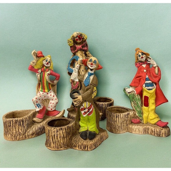 Vintage Set Of 4‎ Ricardo Clowns Driftwood Statue Quirky Folk Art HandPainted - Picture 1 of 10